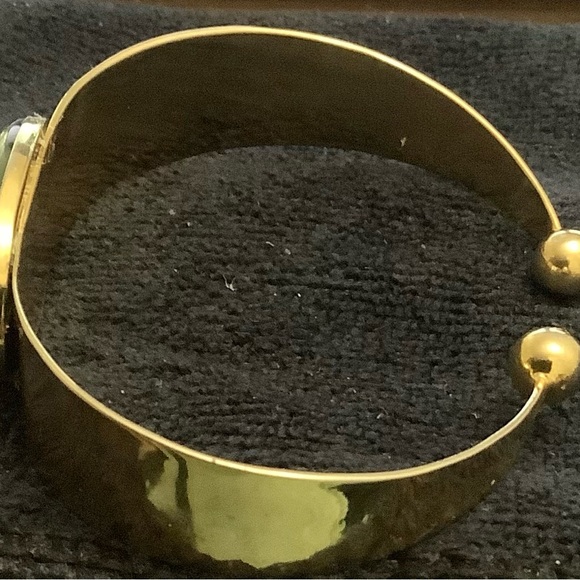 Gold-Tone Cuff Bracelet W/Green Stone & Round End Accents - Picture 3 of 5